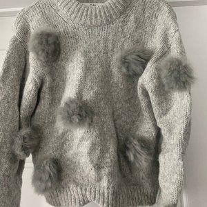TIBI Alpaca Pompom Sweater, Heather Grey, SMALL